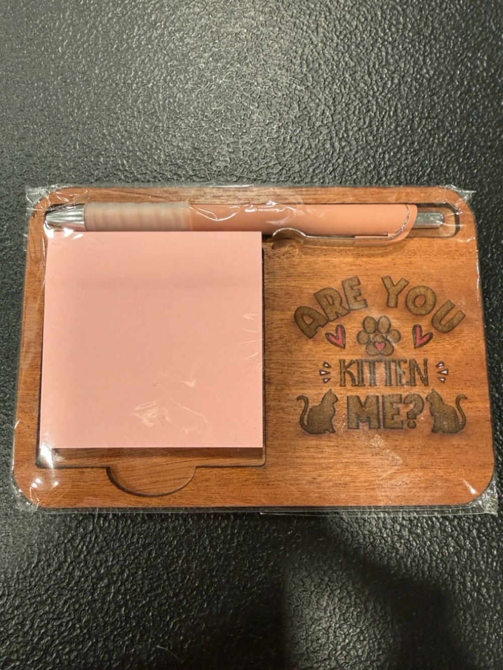 Wooden Desk Memo Set with Pink Notes & Pen - 'Are You Kitten Me?'
